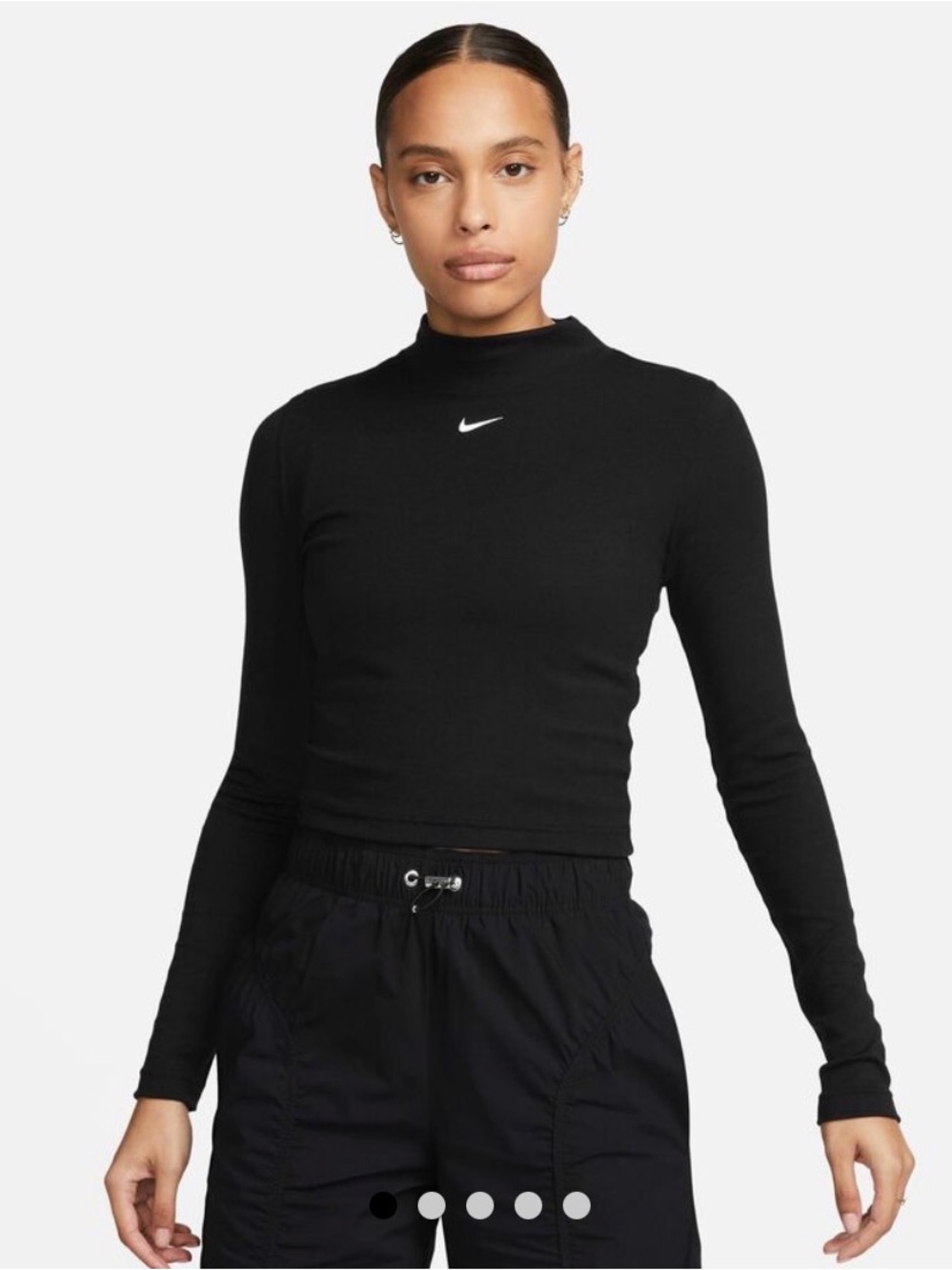 Nike Black Ribbed Long-Sleeve Mock Neck Crop Top with White Swoosh